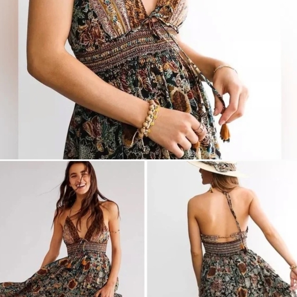 Free People Orange Brown Halter Sundress Resort Wear